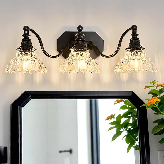hesoge Farmhouse Bathroom Light Fixture Vintage Vanity Light with Crystal Glass Shade Black 3 Light Wall Mount Lamp Over Mirror
