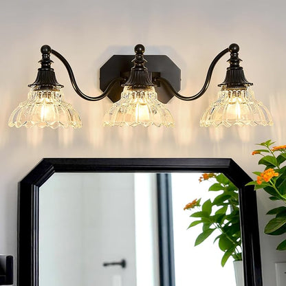 hesoge Farmhouse Bathroom Light Fixture Vintage Vanity Light with Crystal Glass Shade Black 3 Light Wall Mount Lamp Over Mirror