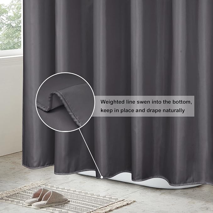 EurCross Dark Gray Fabric Longer Shower Curtain Liner 72 x 84 inch Length,Water Repellent Durable Solid Grey Extra Long Shower Curtains for Bathroom with Hooks