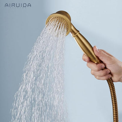 Airuida Exposed Shower System, 8 Inch Rainfall Shower Head with Handheld Spray, Single Handle Wall Mount Shower Faucet Set, Solid Brass Dual Function Exposed Pipe Fixture for Bathroom,Antique Brass