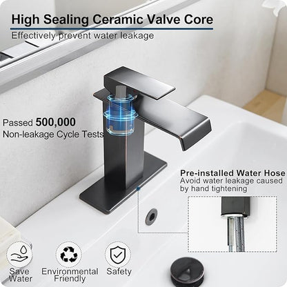 Oil Rubbed Bronze Bathroom Faucet Waterfall Faucet, Brass Single Handle Bathroom Sink Faucet 1 Hole or 3 Holes, 4 Inch Bathroom Faucets with Deck Plate & Pop-Up Drain for Farmhouse Quick Install