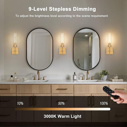 Gold Battery Operated Wall Sconce Set of 2, Wireless Wall Sconces with Remote Control, Rechargeable LED Dimmable Wall Light for Bedroom Bathroom Hallway Living room Entryway Stairwell, 3000K