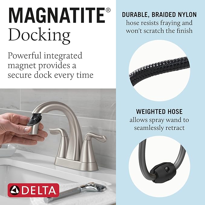 Delta Arvo Centerset Brushed Nickel Bathroom Faucet with Sprayer, 4 Inch 3 Hole Bathroom Sink Faucet with Pull Out Sprayer, Push-Pop Drain, SpotShield Brushed Nickel 25840LF-SPPD