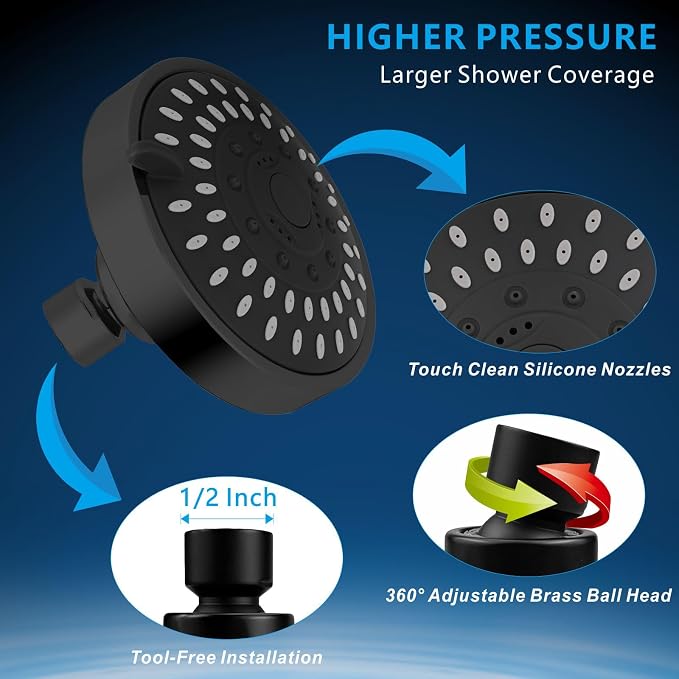 Voolan High Pressure Shower Head - 4 Inch Rain Showerhead - High Flow Bathroom Shower with 5 Spray Settings For a Luxury Showering Experience Even with Low Water Pressure (Black)