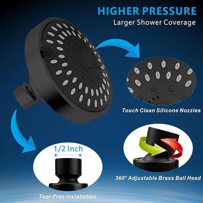 Voolan High Pressure Shower Head - 4 Inch Rain Showerhead - High Flow Bathroom Shower with 5 Spray Settings For a Luxury Showering Experience Even with Low Water Pressure (Black)