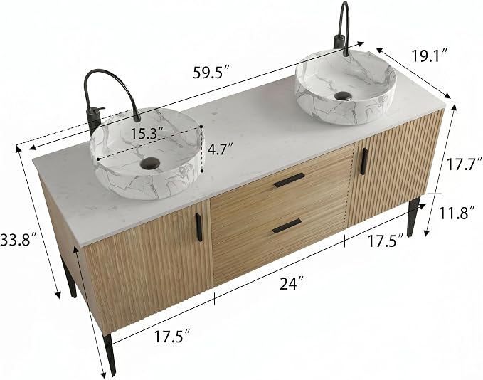 60" Double Bathroom Vanity with Sink Combo, Mid-Century Modern Bath Cabinet with Carrara Marble Finish Sink, 2 Doors & 2 Drawers, Large Storage for Bar, Hotel, Apartment, Natural Oak
