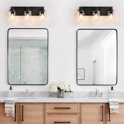 3-Light Matte Black Bathroom Vanity Light, Clear Glass Shade | 18.8" Wall Mount Over Mirror Lighting Fixtures, Durable Metal, Modern Farmhouse Style, for Bathroom, Bedroom, Easy To Install