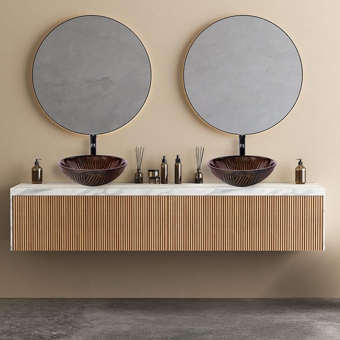 Vessel Sink 16.5" Bathroom Sinks Tempered Glass Brown Art Basin Round Bowl with Faucet Combo, Tree Streak Pattern,Modern Countertop Bowl Sink