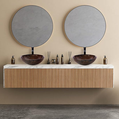 Vessel Sink 16.5" Bathroom Sinks Tempered Glass Brown Art Basin Round Bowl with Faucet Combo, Tree Streak Pattern,Modern Countertop Bowl Sink