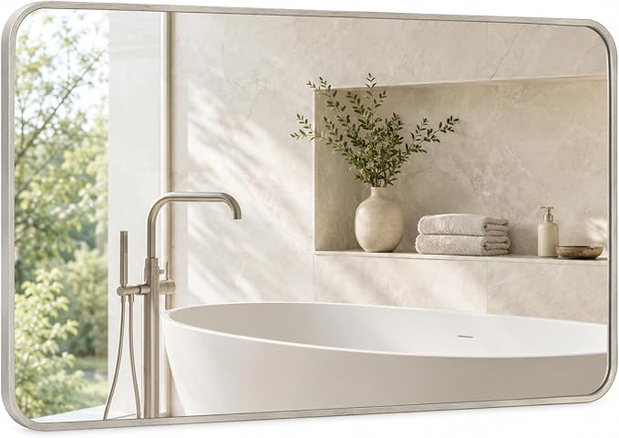 30x48 Inch Brushed Nickel Rounded Rectangle Bathroom Vanity Mirror | For Over-Sink Bathrooms, Corrosion-Resistant Aluminum Frame, Slim Front Profile, Vertical or Horizontal Layout