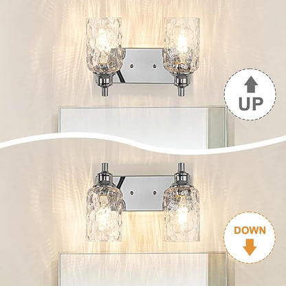 Bathroom Light Fixtures Over Mirror, 2 Lights Vanity Lights with Hammered Glass Shade, 12.7" Chrome Farmhouse Bathroom Light Fixtures for Bedroom, Porch, Hotel, Mirror Cabinet