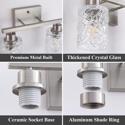 Mecgirn Stainless Steel Bathroom Vanity Light Over Mirror, 2 Light Brushed Nickel Bathroom Light Fixtures with Textured Glass Shades, Ceramic E26 Sockets Wall Mounted