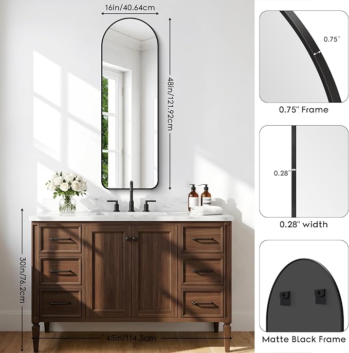 BONEWEI Arched Wall Mirror,16x48 inch Black Arched Mirror Bathroom,Vanity Mirror for Over Sink Metal Frame,Tempered Glass Arch Mirrors for Bedroom,Entryway,Living Room,Home Decor Shatter-Proof