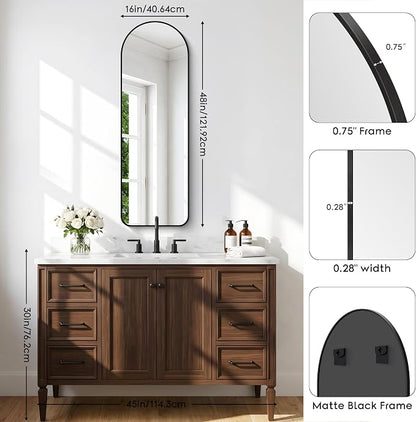 BONEWEI Arched Wall Mirror,16x48 inch Black Arched Mirror Bathroom,Vanity Mirror for Over Sink Metal Frame,Tempered Glass Arch Mirrors for Bedroom,Entryway,Living Room,Home Decor Shatter-Proof