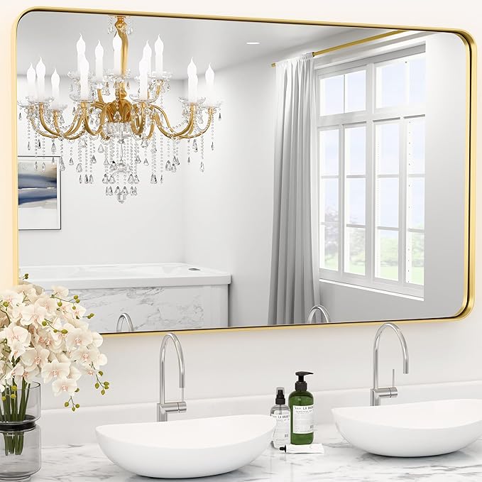 48"X 30" Large Gold Metal Framed Bathroom Mirror for Wall, Large Mirrors for Spacious Rooms,Gold Rounded Rectangle Mirror, Brushed Gold Bathroom Vanity Mirror Tempered Glass