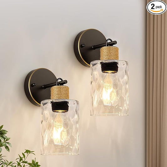 Set of 2 Wall Sconces for Bathroom, Coastal Modern Vanity Lights with Clear Glass Shade, Brown and Gold Bathroom Wall Lamp for Mirror Kitchen Living Room Hallway Cabinet Porch