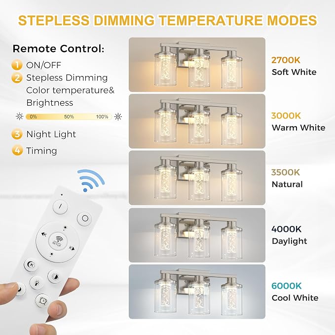 L LOHAS LED 3-Light Bathroom Vanity Light, Nickel, 5CCT, Remote Control | 5CCT Dimmable Acrylic Bathroom Light Fixtures with Clear Glass Shades and Remote Control