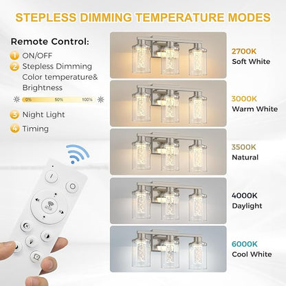 L LOHAS LED 3-Light Bathroom Vanity Light, Nickel, 5CCT, Remote Control | 5CCT Dimmable Acrylic Bathroom Light Fixtures with Clear Glass Shades and Remote Control