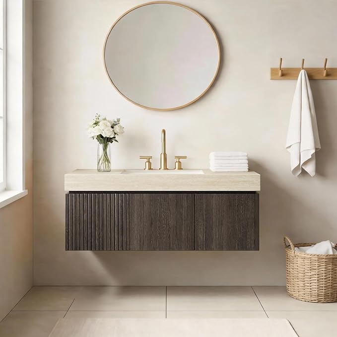 48" Floating Bathroom Vanity with Sink, Plywood Bathroom Vanities, Roma Travertine Sintered Stone Top and 3 Pre-drilled Faucet Holes Ceramic Basin, Pre-Assembled, Espresso Woodgrain