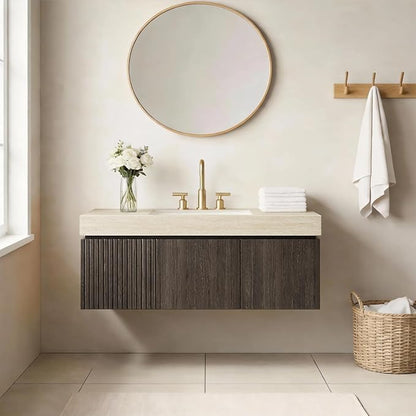 48" Floating Bathroom Vanity with Sink, Plywood Bathroom Vanities, Roma Travertine Sintered Stone Top and 3 Pre-drilled Faucet Holes Ceramic Basin, Pre-Assembled, Espresso Woodgrain