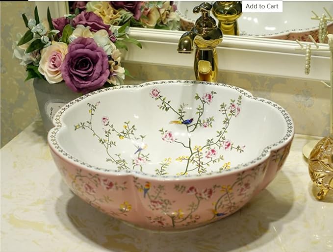 Bathroom Vanity Top Vessel Sink Pink Color American Style Ceramic Countertop Sink Bowl with Flower Bird Pattern without Faucet - Above Counter Installation - 16.4"L x 16.4"W x 5.9"H