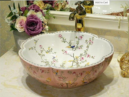 Bathroom Vanity Top Vessel Sink Pink Color American Style Ceramic Countertop Sink Bowl with Flower Bird Pattern without Faucet - Above Counter Installation - 16.4"L x 16.4"W x 5.9"H