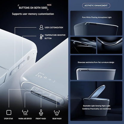 Modern Smart Toilet, One Piece Toilet with Auto Open/Close Lid, Heated Seat, Bidet Function, Warm Air Dry, Foam Shield, Auto Deodorization, Night Light, Remote Control