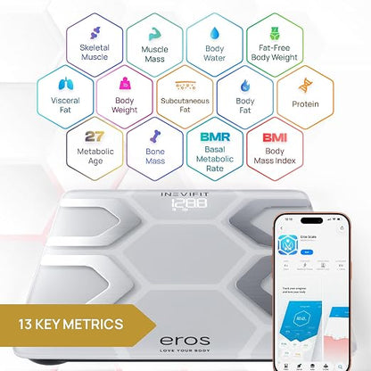INEVIFIT EROS Bluetooth Body Fat Scale Smart BMI Highly Accurate Digital Bathroom Body Composition Analyzer with Wireless Smartphone APP 400 lbs 11.8 x 11.8 inch (White)