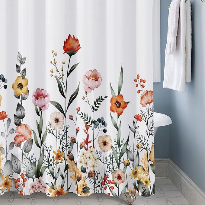 Floral Shower Curtain, Flower Shower Curtains for Bathroom, Watercolor Leaf Bathroom Curtain, Fabric Shower Curtains for Home Hotels Bathtubs Decor Easy Care Machine Washable 72x72