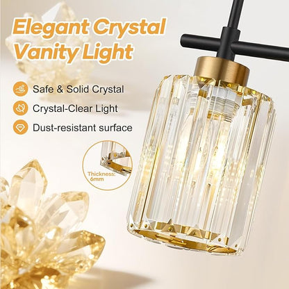 Modern Crystal Bathroom Vanity Light, 4-Light Black and Gold Bathroom Light Fixtures, Clear K9 Crystal Shades, Adjustable Up/Down Mount, E26 Base Wall Sconce (Bulbs Not Included)