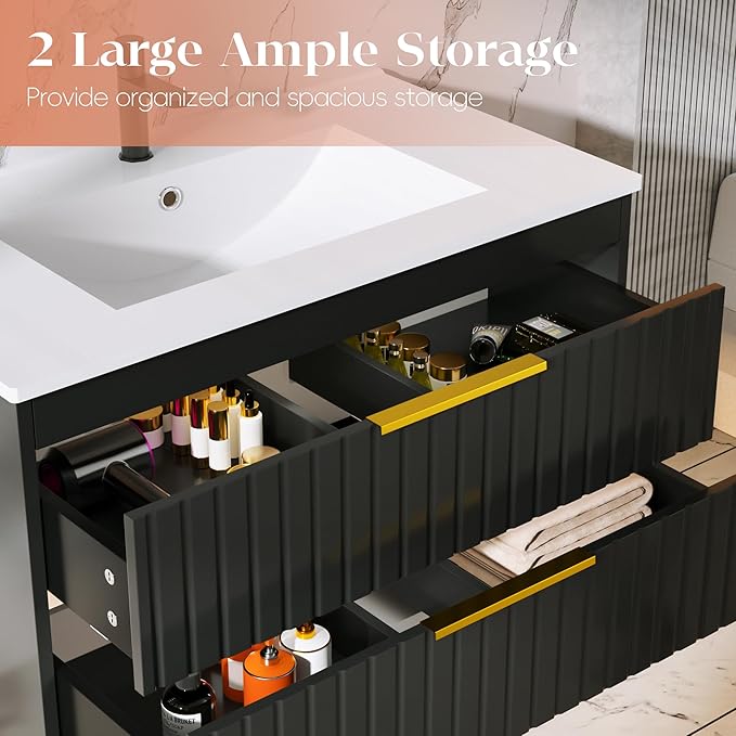 30" Bathroom Vanity with Sink, Floating Vanity Bathroom Sink Cabinet Wall Mount, Soft-Close Function 2 Large Drawers, Grooved Stripe Design, Hidden Damping Drawers, Black