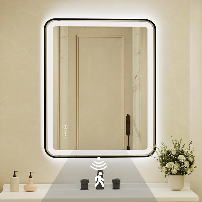 32x40 Inch Black Framed LED Bathroom Mirror with Lights,Smart Bathroom Mirror,Motion Sensor,Tempered Glass,Anti-Fog,Stepless Dimmable & 3 Colors,Memory,Vanity Mirror for Wall