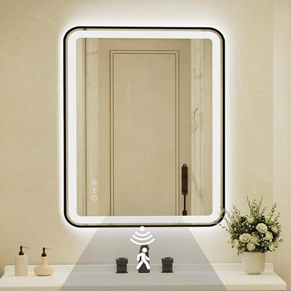 32x40 Inch Black Framed LED Bathroom Mirror with Lights,Smart Bathroom Mirror,Motion Sensor,Tempered Glass,Anti-Fog,Stepless Dimmable & 3 Colors,Memory,Vanity Mirror for Wall
