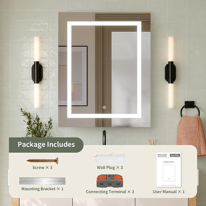 DeerValley LED Lighted Bathroom Medicine Cabinet with Mirror, 24''x30'' | Wall Mounted Mirror Cabinet with Socket, Dimmable Light, Anti-Fog, Adjustable Shelf, DV-1MC0499