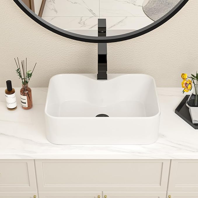 Bathroom Vessel Sink 19" x 15" Rectangle With Black Faucet And Black Drain Combo Bowl Sink Bathroom Countertop Rectangular White Farmhouse Lavatory Vanity Sink Basin