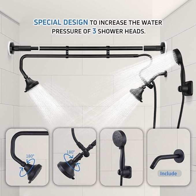 OURBAOFU Tandem Shower, Dual Shower Heads for Couples & Handheld head, Triple Shower Head System for Two People, High Pressure and Adjustable Double Shower Heads and Handheld Shower Head（Black)