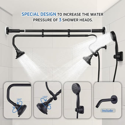 OURBAOFU Tandem Shower, Dual Shower Heads for Couples & Handheld head, Triple Shower Head System for Two People, High Pressure and Adjustable Double Shower Heads and Handheld Shower Head（Black)