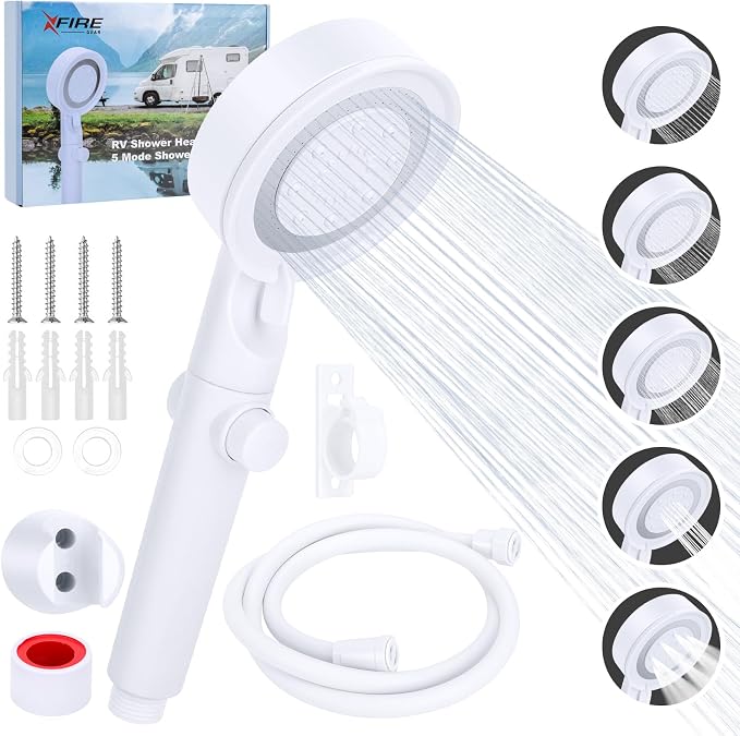 5+1 Mode High Pressure Replacement White RV Shower Head with Hose | On/Off Switch, Water Saving Motorhome Shower Head for RV/Campervan, Caravan
