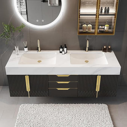 Bathroom Vanity with Sink, Modern Bathroom Vanity with Faux Marble Top, Gold Hardware & Soft-Close Drawers for Bathroom Storage (59.1 Inch, Black, Double Sink & Floating)