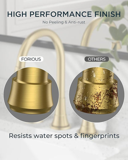 FORIOUS Gold Bathroom facuet 3 Hole, 8 inch Brushed Gold Bathroom Sink Faucet Widespread with 360° Swivel Spout and Spare Water-Saving Aerator and Drain, 3 Piece Vanity Tap for Restroom Upgrade