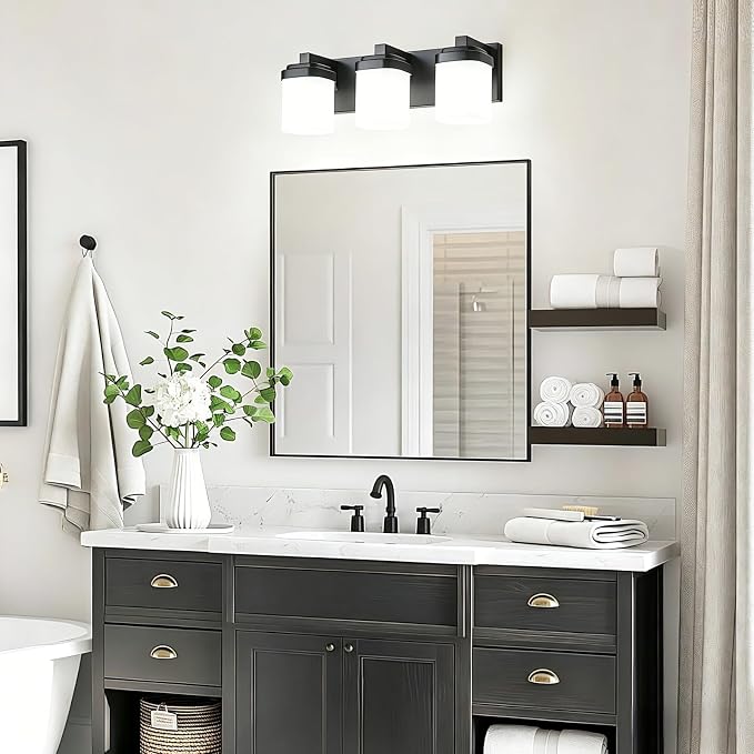 Vanity Lights for Bathroom, Modern Farmhouse Lighting Fixtures | 3-light black bathroom light fixtures over mirror, 17 inches bathroom light wall sconce with milky white square glass shade