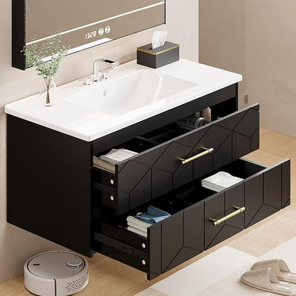 Garvee 36" Bathroom Vanity with Sink, Floating Bathroom Vanity with Ceramic Basin, 2 Large Storage Drawers with Gold Metal Handle, Modern Wall Mounted Bathroom Cabinet with Sink, Black