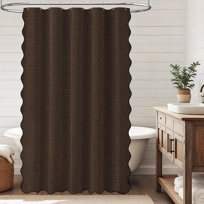 BTTN 54x78 Boho Scalloped Linen Textured Cloth Shower Curtain Set, Brown | Narrow Long Size, 230GSM Waterproof Polyester, Heavy Duty Fabric, 10 Plastic Hooks, Elegant Farmhouse Style, Machine Washable