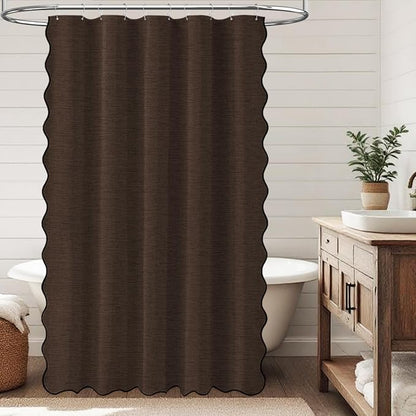 BTTN 54x78 Boho Scalloped Linen Textured Cloth Shower Curtain Set, Brown | Narrow Long Size, 230GSM Waterproof Polyester, Heavy Duty Fabric, 10 Plastic Hooks, Elegant Farmhouse Style, Machine Washable