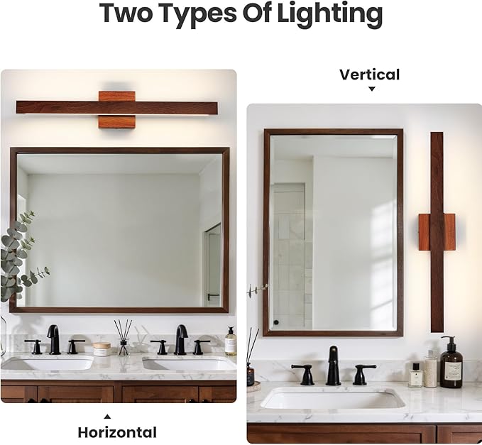 Modern Bathroom Light Fixtures Over Mirror, 24 Inch Brown Wood Finish Vanity Light Bar 20W Dimmable 5CCT LED Vanity Lights for Bathroom Wall Lighting Fixtures Over Mirror