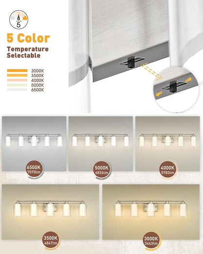 HWH 5-Light Bathroom Vanity Light, Brushed Nickel, 5CCT, 5HLT63B-5W-LED BN | Dimmable, Wall Mount, 30W, Vanity Lights, Vanity Light Over Mirror, Selectable 5CCT Lighting, Durable Metal Construction