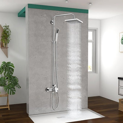 Polish Chrome Exposed Shower System 2 Functional Bathroom Shower Set 8 Inch Square Rainfall Shower Head with Hand Sprayer Wall Mounted | 2-function design with rainfall shower head, handheld shower, adjustable-height slide bar and exposed wall-mount valve