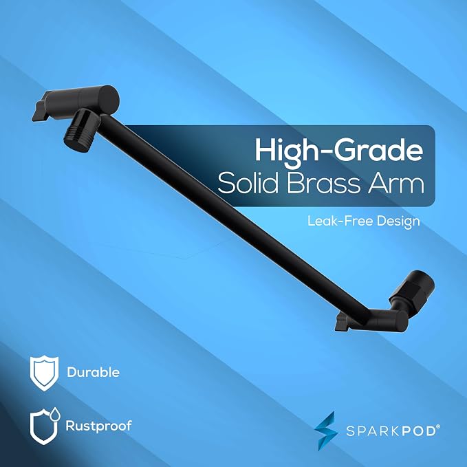 SparkPod 6" Square Rain Shower Head with 16" Shower Arm | Shower Head & Extension Arm Combo, Height Adjustable, High Pressure Performance, Easy 1-Minute Installation, Black Matte