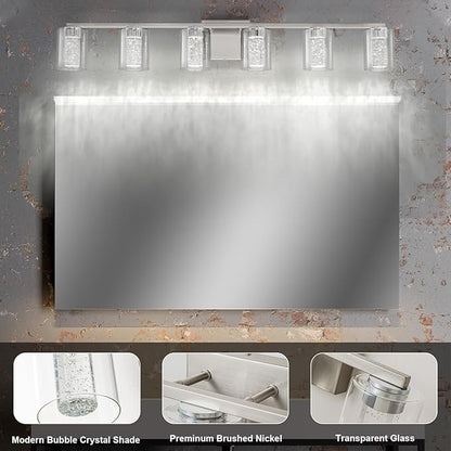 SineRise 6-Light Brushed Nickel Vanity Light with 3 Color Modes (3000K/4000K/6000K), Eye Protection LED Bathroom Light Fixture, Dimmable Modern Wall Light Over Mirror with Clear Glass Shade