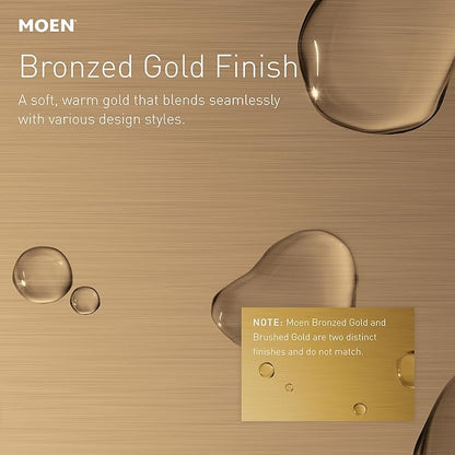 Moen Ronan Bronzed Gold Double Bend Single Hole Modern Bathroom Sink Faucet with Optional Deckplate and Spring Loaded Drain Assembly, 84024BZG